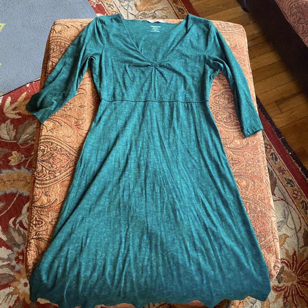 Toad&Co Rosemarie Rosalinda 3/4 sleeve organic dress teal green geo tribal Small - Picture 2 of 8